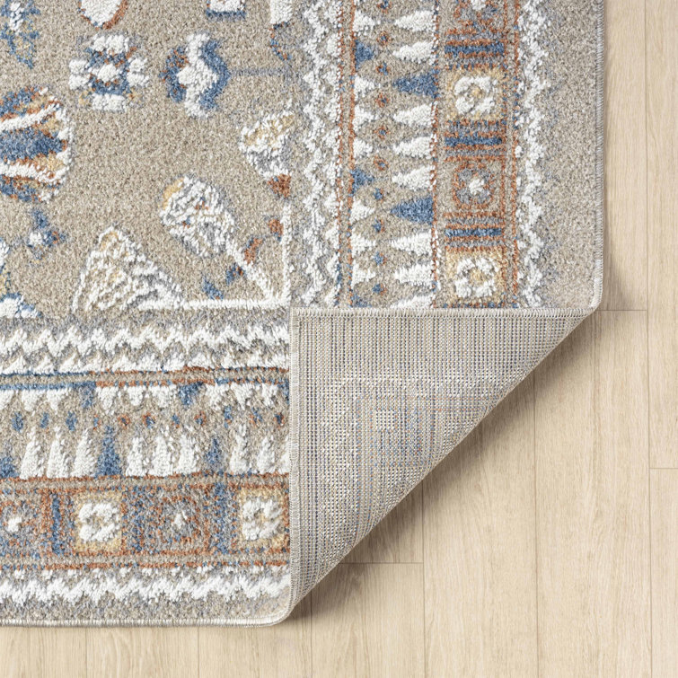 Beige and Blue Rectangular Synthetic Washable Area Rug