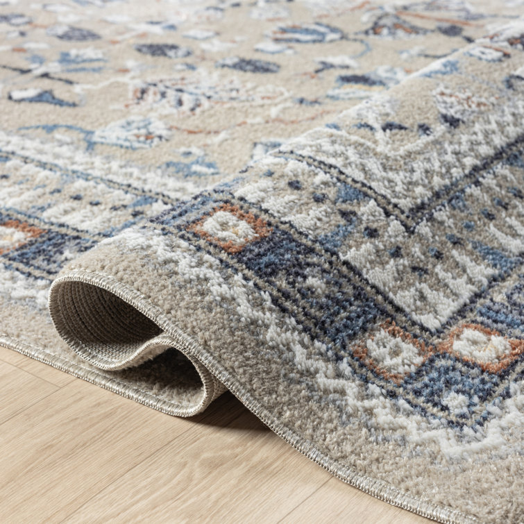 Blue and Beige Synthetic Washable Rectangular Area Rug