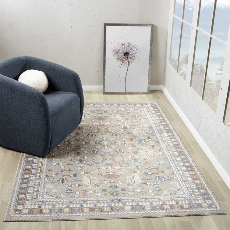 Beige and Blue Rectangular Synthetic Washable Area Rug