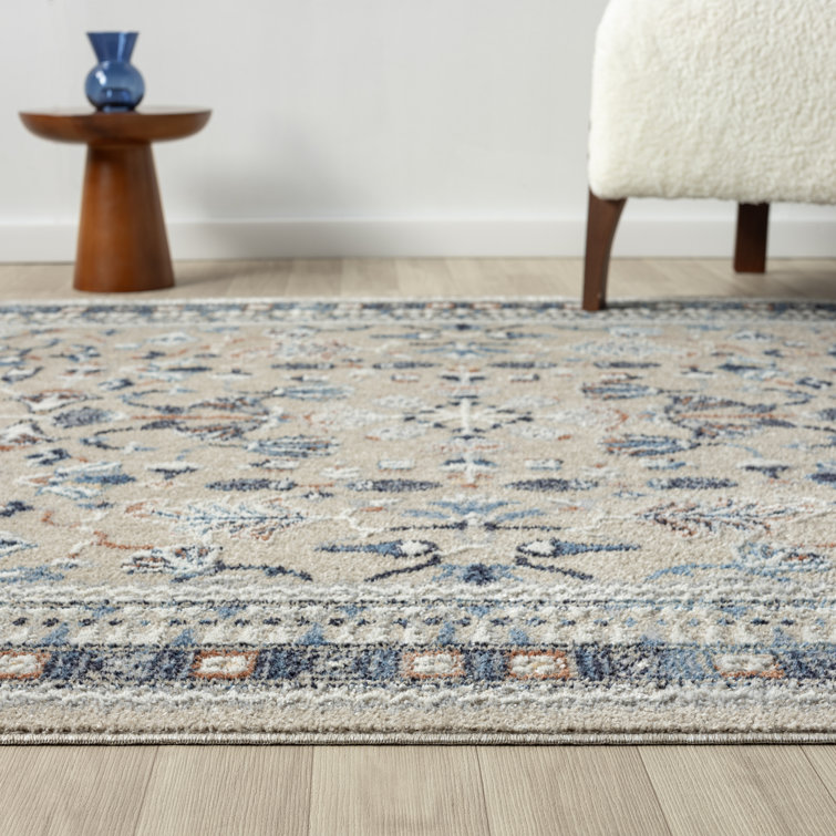 Blue and Beige Synthetic Washable Rectangular Area Rug