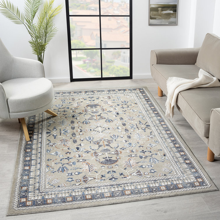 Blue and Beige Synthetic Washable Rectangular Area Rug