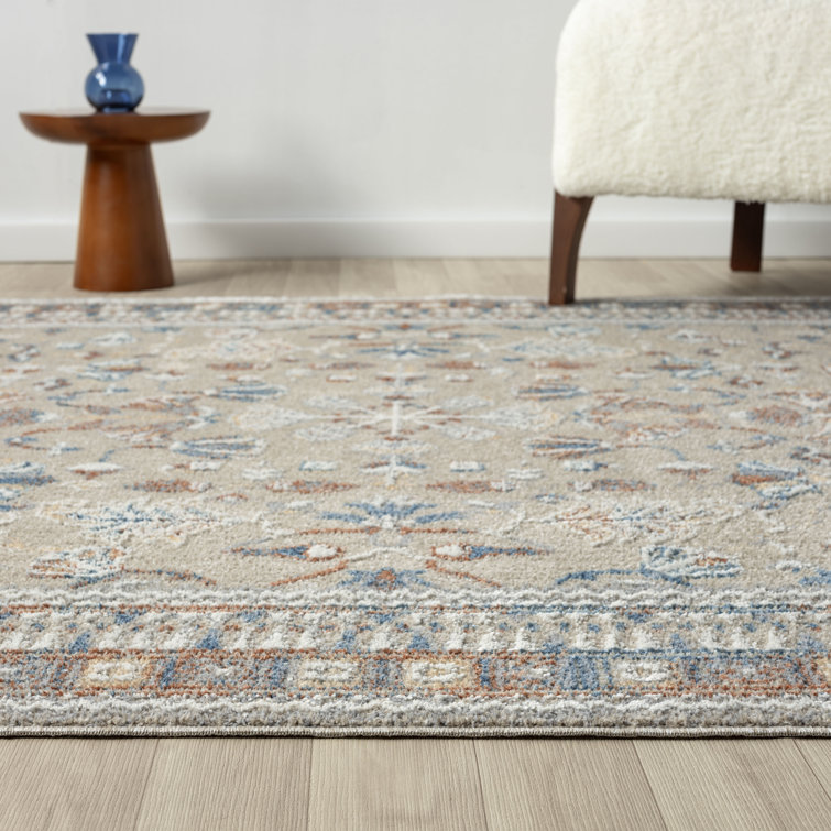 Beige and Blue Rectangular Synthetic Washable Area Rug