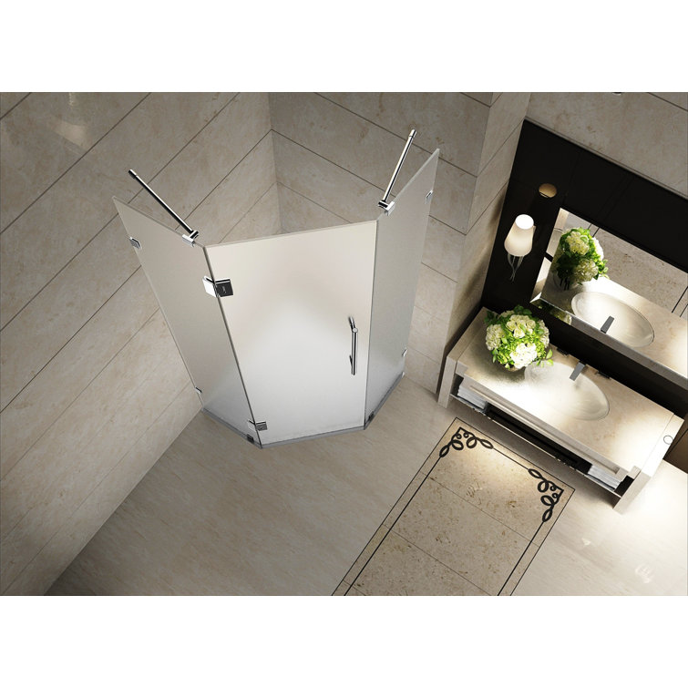 Neo-Angle Frameless Frosted Glass Shower Enclosure with Chrome Hardware