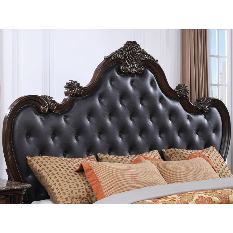 Queen Dark Brown Faux Leather Upholstered Bed with Tufted Headboard