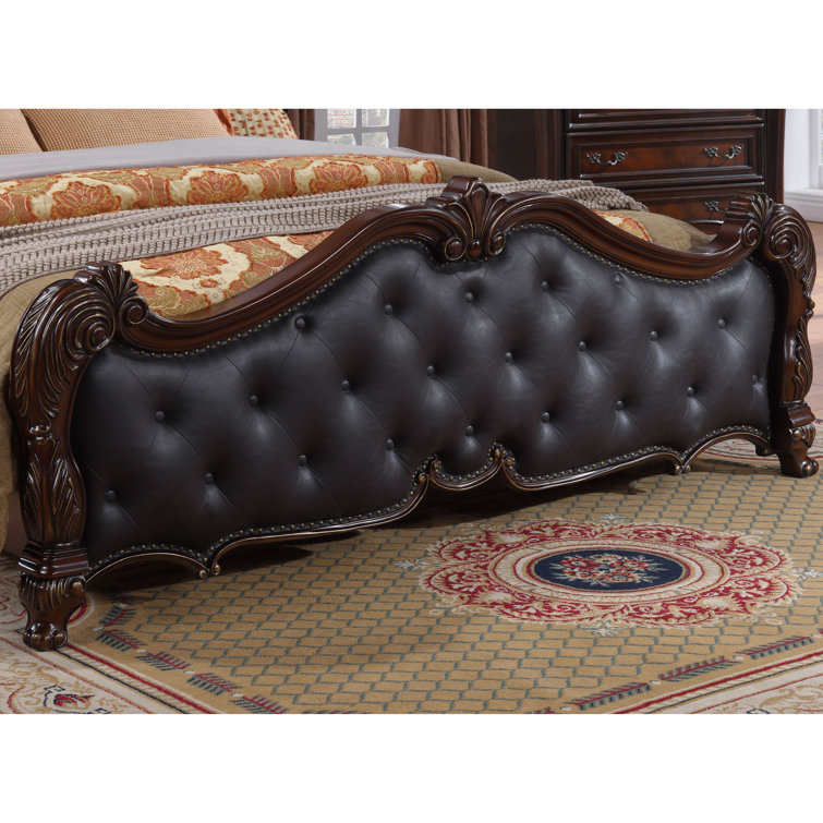 Queen Dark Brown Faux Leather Upholstered Bed with Tufted Headboard