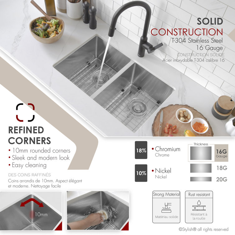 Stylish Topaz 28" Double Bowl Stainless Steel Drop-In Kitchen Sink