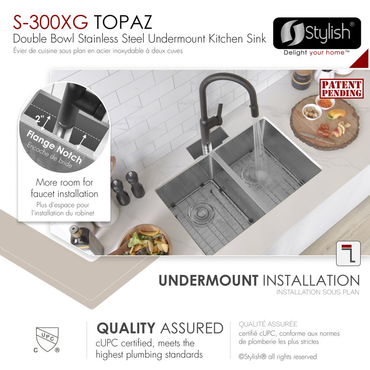 Stylish Topaz 28" Double Bowl Stainless Steel Drop-In Kitchen Sink