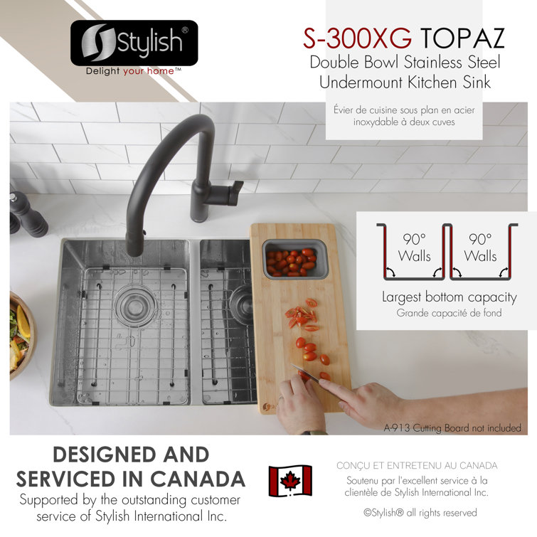 Stylish Topaz 28" Double Bowl Stainless Steel Drop-In Kitchen Sink