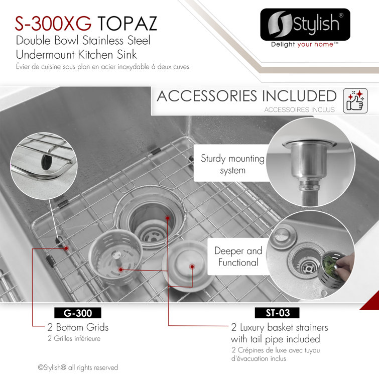 Stylish Topaz 28" Double Bowl Stainless Steel Drop-In Kitchen Sink