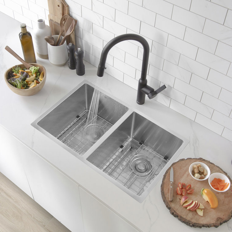 Stylish Topaz 28" Double Bowl Stainless Steel Drop-In Kitchen Sink