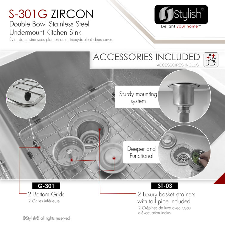 Zircon 32" Double-Bowl Stainless Steel Undermount Kitchen Sink
