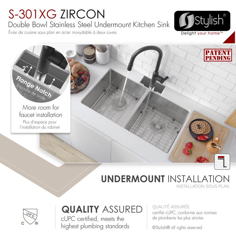 Zircon 32" Double Bowl Stainless Steel Undermount Kitchen Sink