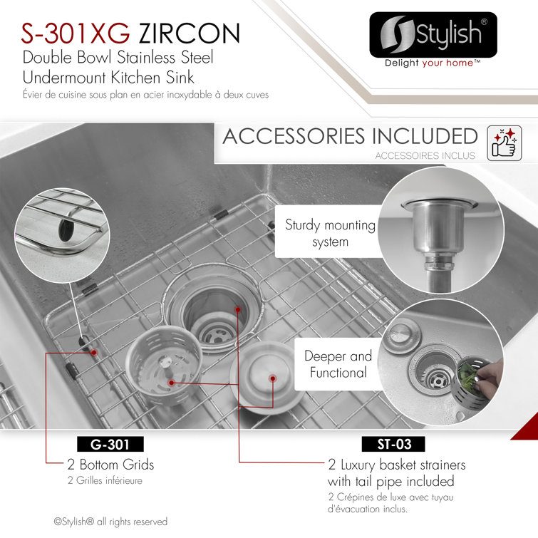 Zircon 32" Double Bowl Stainless Steel Undermount Kitchen Sink