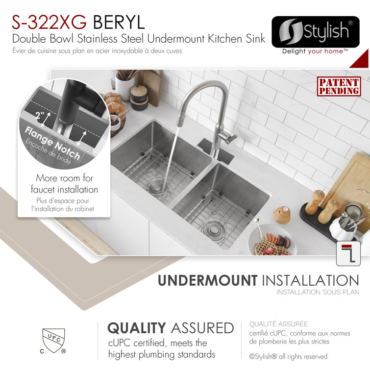 Beryl 33" Stainless Steel Double-Bowl Undermount Kitchen Sink