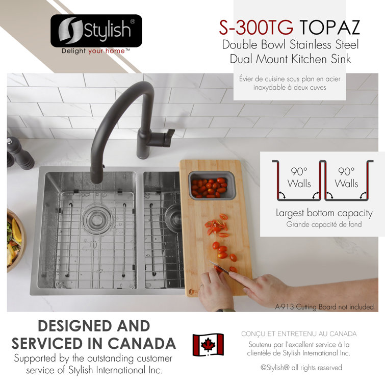 Stylish 28" Double-Bowl Stainless Steel Drop-In Kitchen Sink