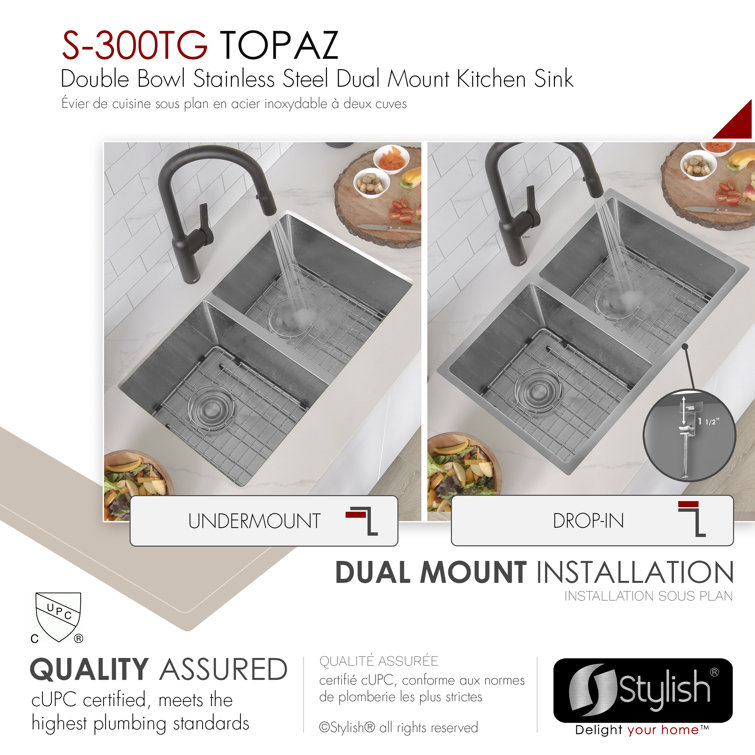 Stylish 28" Double-Bowl Stainless Steel Drop-In Kitchen Sink