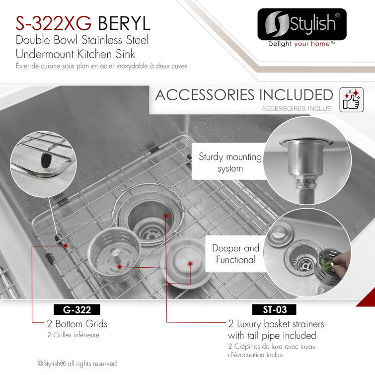 Beryl 33" Stainless Steel Double-Bowl Undermount Kitchen Sink