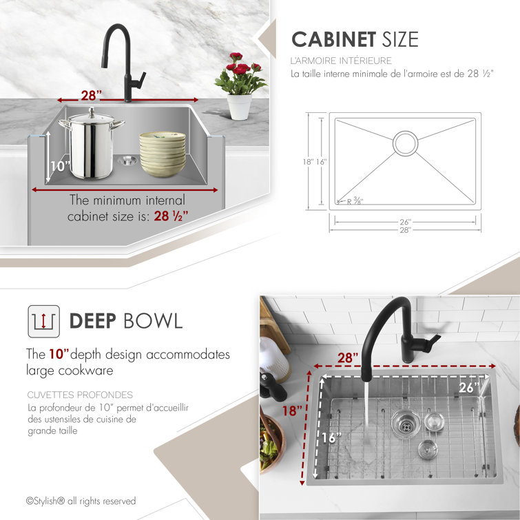 Stylish 28" Brushed Stainless Steel Single Bowl Kitchen Sink