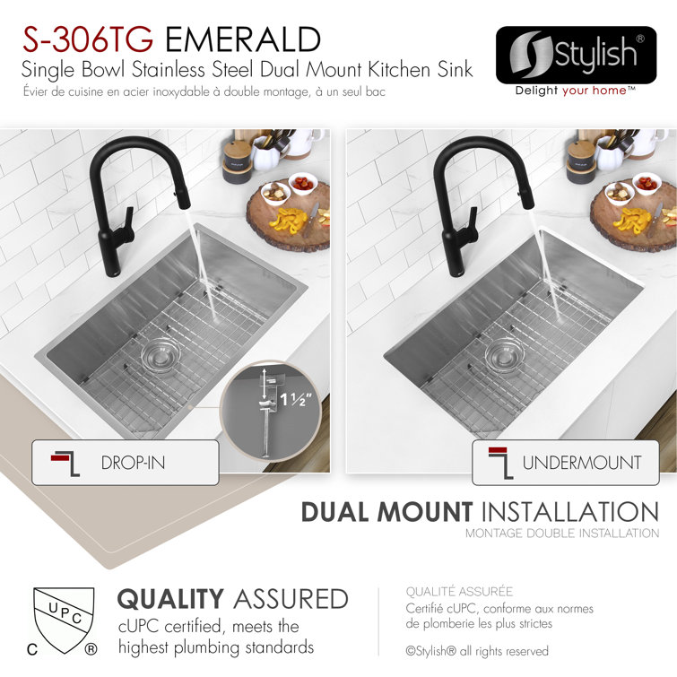 Stylish 28" Brushed Stainless Steel Single Bowl Kitchen Sink