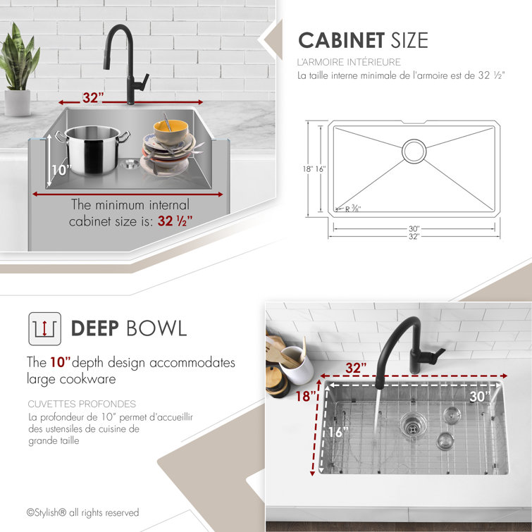 32" x 18" Stainless Steel Single Bowl Undermount Kitchen Sink