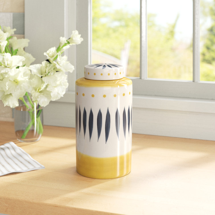 Kristie 10'' Yellow and White Hand Painted Ceramic Vase