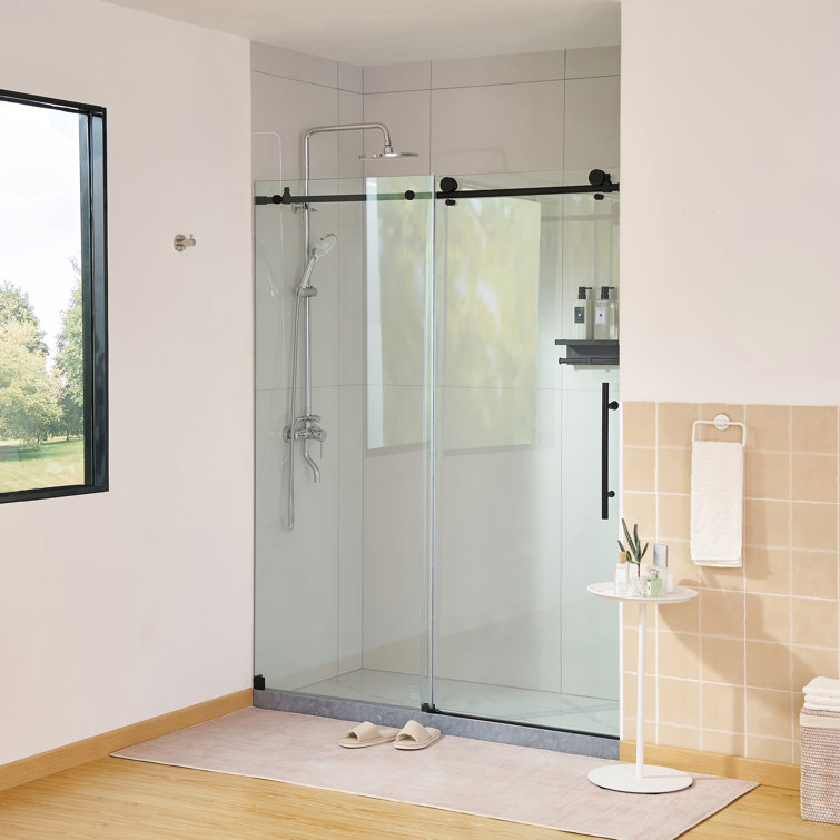 60" x 76" Frameless Matte Black Sliding Shower Door with Clear Glass