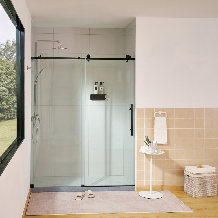60" x 76" Frameless Matte Black Sliding Shower Door with Clear Glass