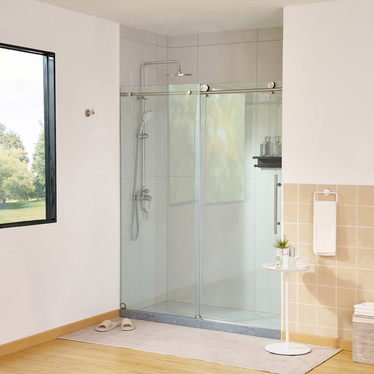 60" Frameless Clear Glass Sliding Shower Door with Brushed Nickel Finish