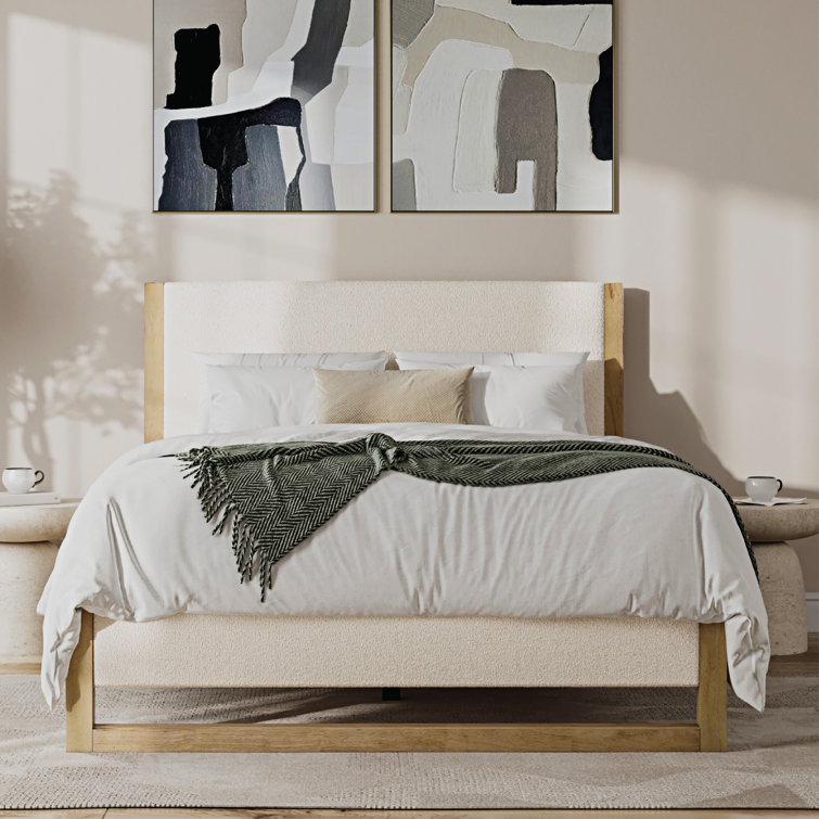 Queen Cream Boucle Upholstered Wood Frame Bed with Headboard
