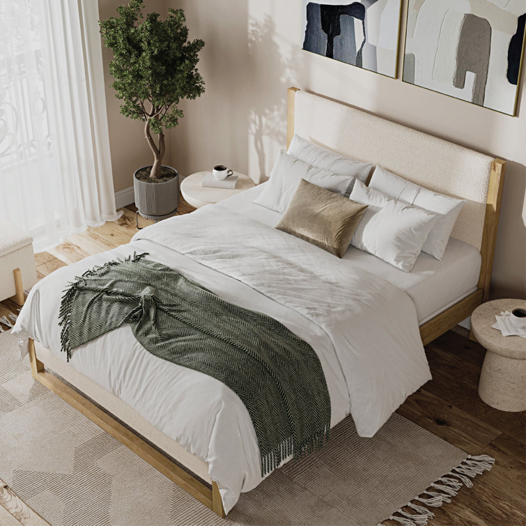 Queen Cream Boucle Upholstered Wood Frame Bed with Headboard