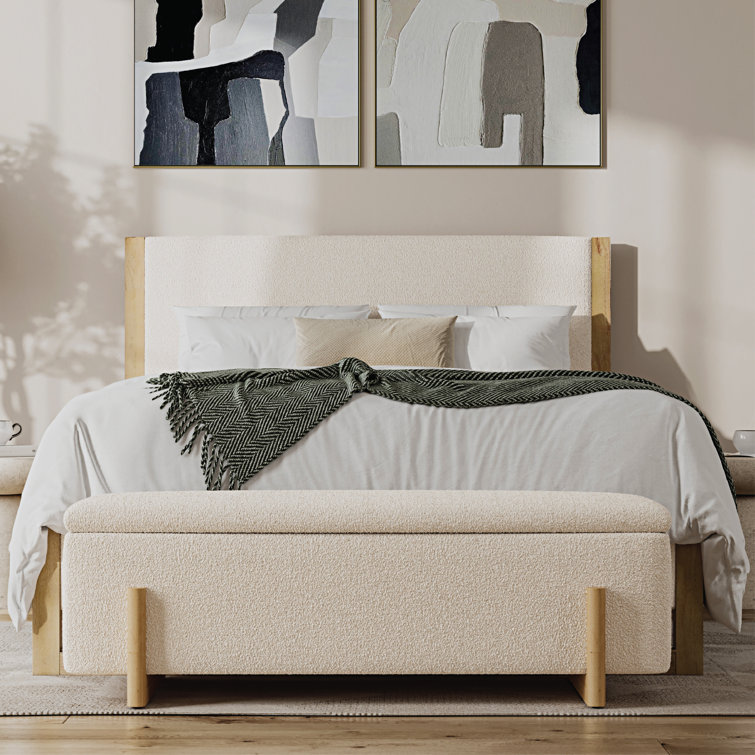 Queen Cream Boucle Upholstered Wood Frame Bed with Headboard