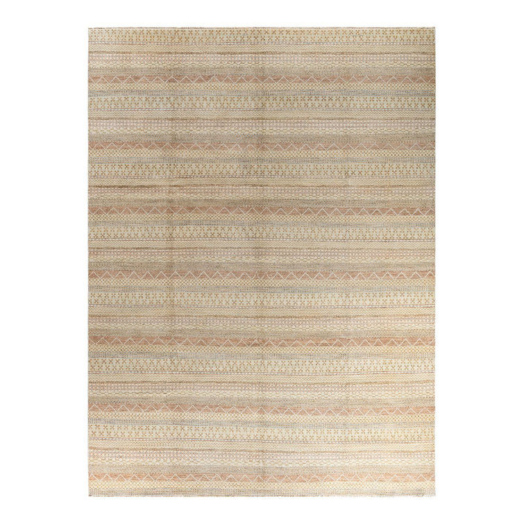 Beige and Light Brown Hand-Knotted Wool Geometric Area Rug, 9'3" x 12'3"