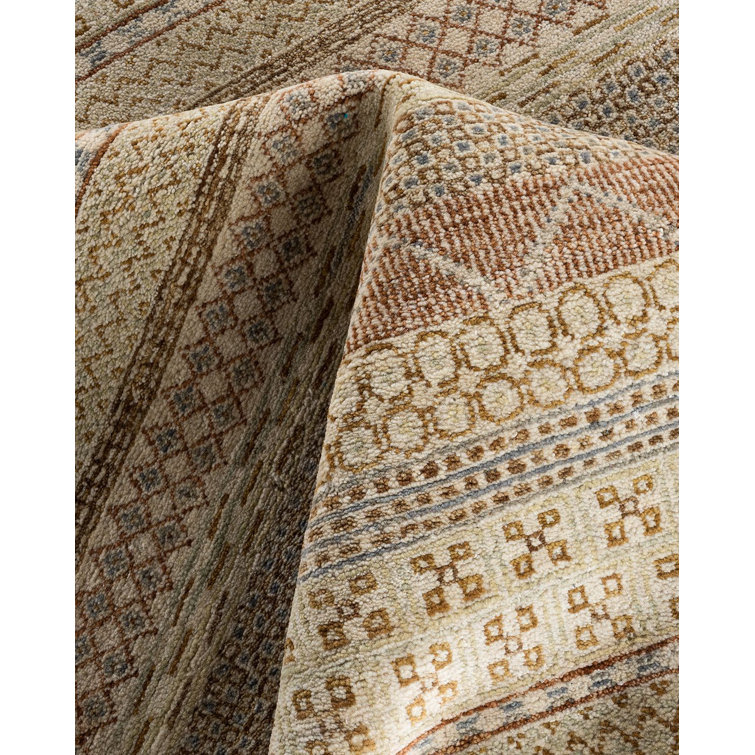 Beige and Light Brown Hand-Knotted Wool Geometric Area Rug, 9'3" x 12'3"