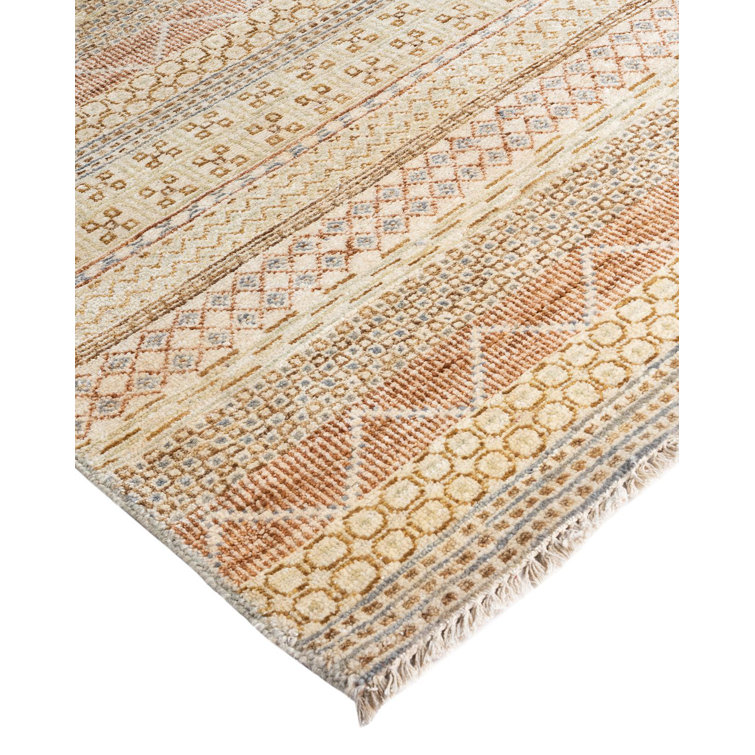 Beige and Light Brown Hand-Knotted Wool Geometric Area Rug, 9'3" x 12'3"