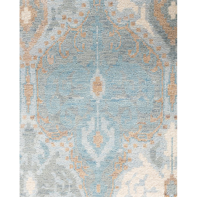 Hand-Knotted Gray and Blue Wool Rectangular Area Rug