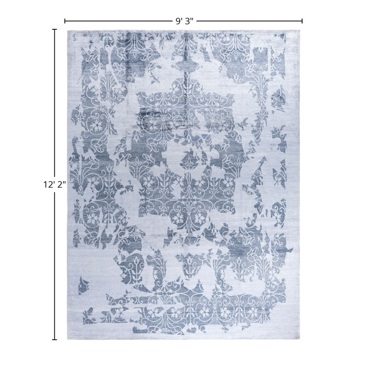 Ivory and Blue Hand-Knotted Silk Area Rug, 9' 3" x 12' 2"