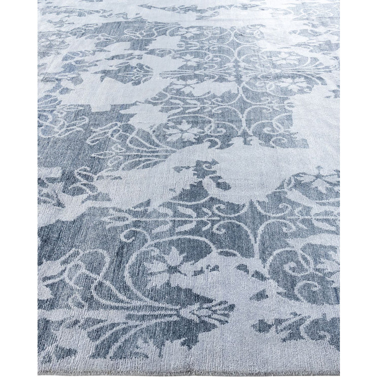 Ivory and Blue Hand-Knotted Silk Area Rug, 9' 3" x 12' 2"