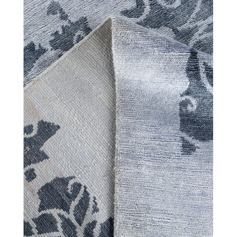 Ivory and Blue Hand-Knotted Silk Area Rug, 9' 3" x 12' 2"