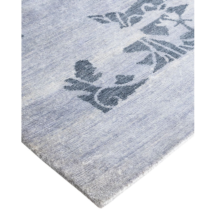 Ivory and Blue Hand-Knotted Silk Area Rug, 9' 3" x 12' 2"