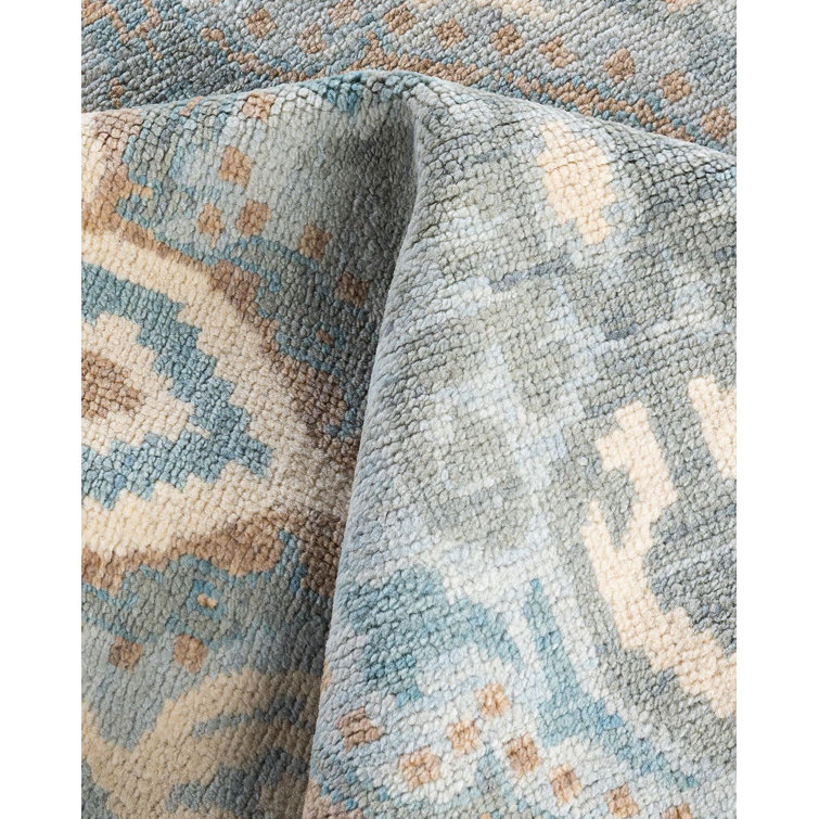 Hand-Knotted Gray and Blue Wool Rectangular Area Rug