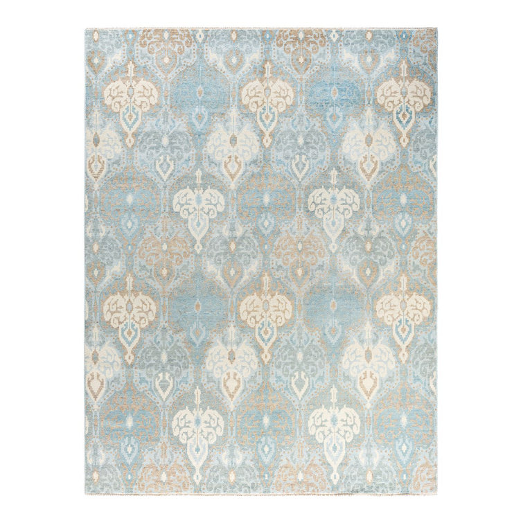 Hand-Knotted Gray and Blue Wool Rectangular Area Rug