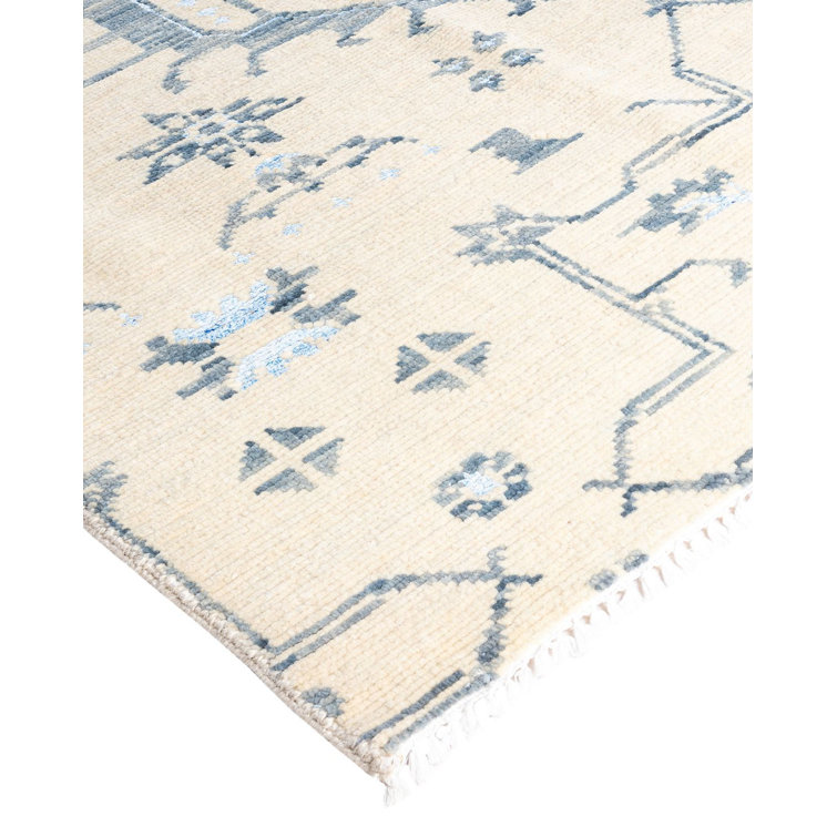 Beige and Blue Hand-Knotted Wool Silk 8' x 10' Area Rug