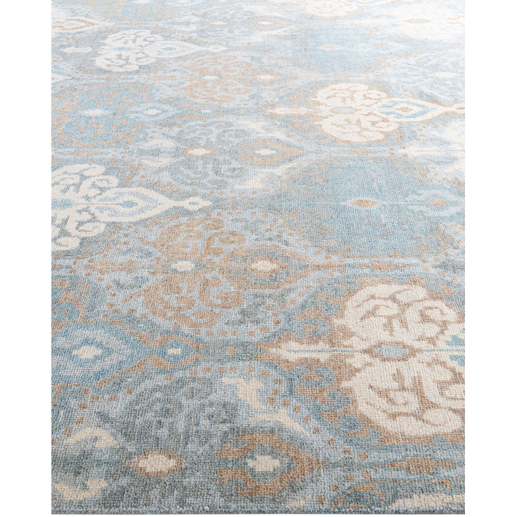 Hand-Knotted Gray and Blue Wool Rectangular Area Rug
