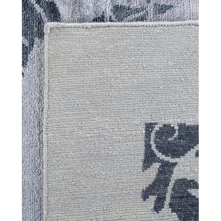 Ivory and Blue Hand-Knotted Silk Area Rug, 9' 3" x 12' 2"