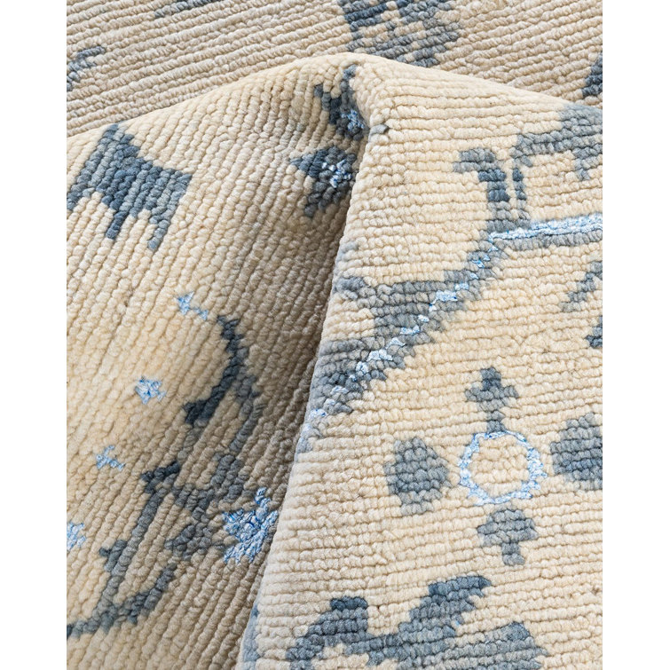 Beige and Blue Hand-Knotted Wool Silk 8' x 10' Area Rug