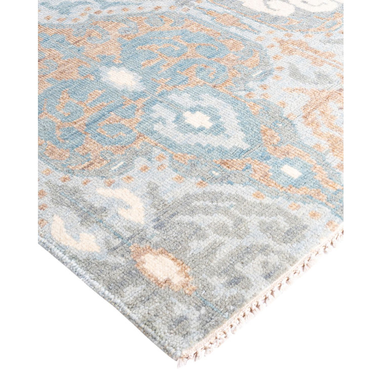 Hand-Knotted Gray and Blue Wool Rectangular Area Rug