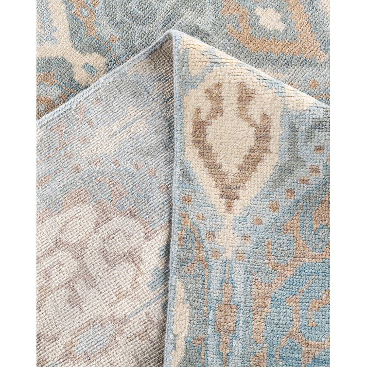 Hand-Knotted Gray and Blue Wool Rectangular Area Rug
