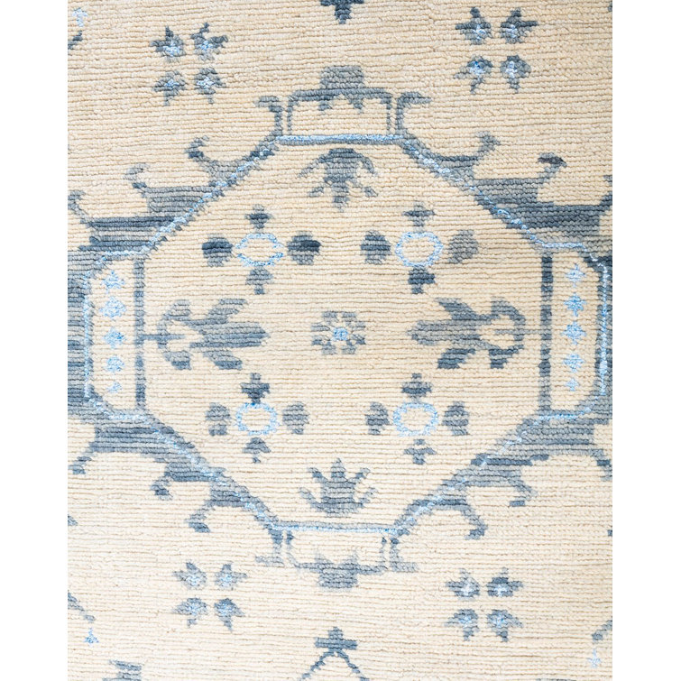 Beige and Blue Hand-Knotted Wool Silk 8' x 10' Area Rug