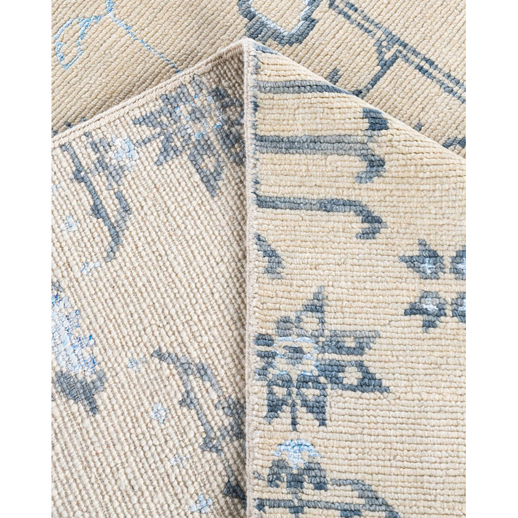 Beige and Blue Hand-Knotted Wool Silk 8' x 10' Area Rug