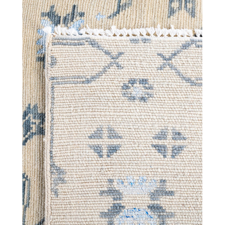 Beige and Blue Hand-Knotted Wool Silk 8' x 10' Area Rug